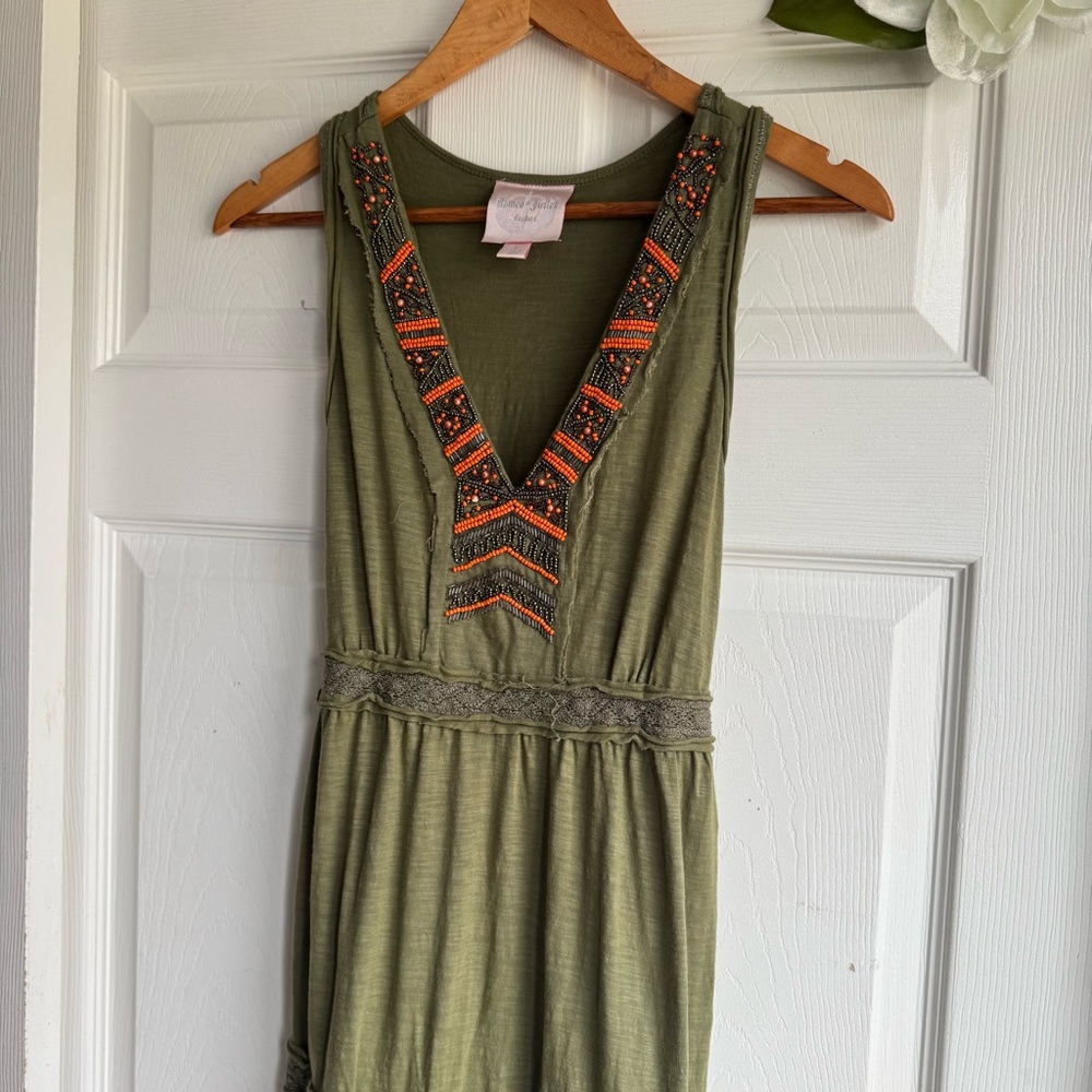 Romeo & Juliet Couture Beaded Olive Green Tiered Maxi Sundress - Picture 3 of 10